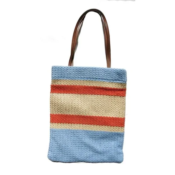 MIU MIU LIght Blue Beige Orange Raffia-Effect Embroidery Vertical Woven Tote Bag - Picture 6 of 9